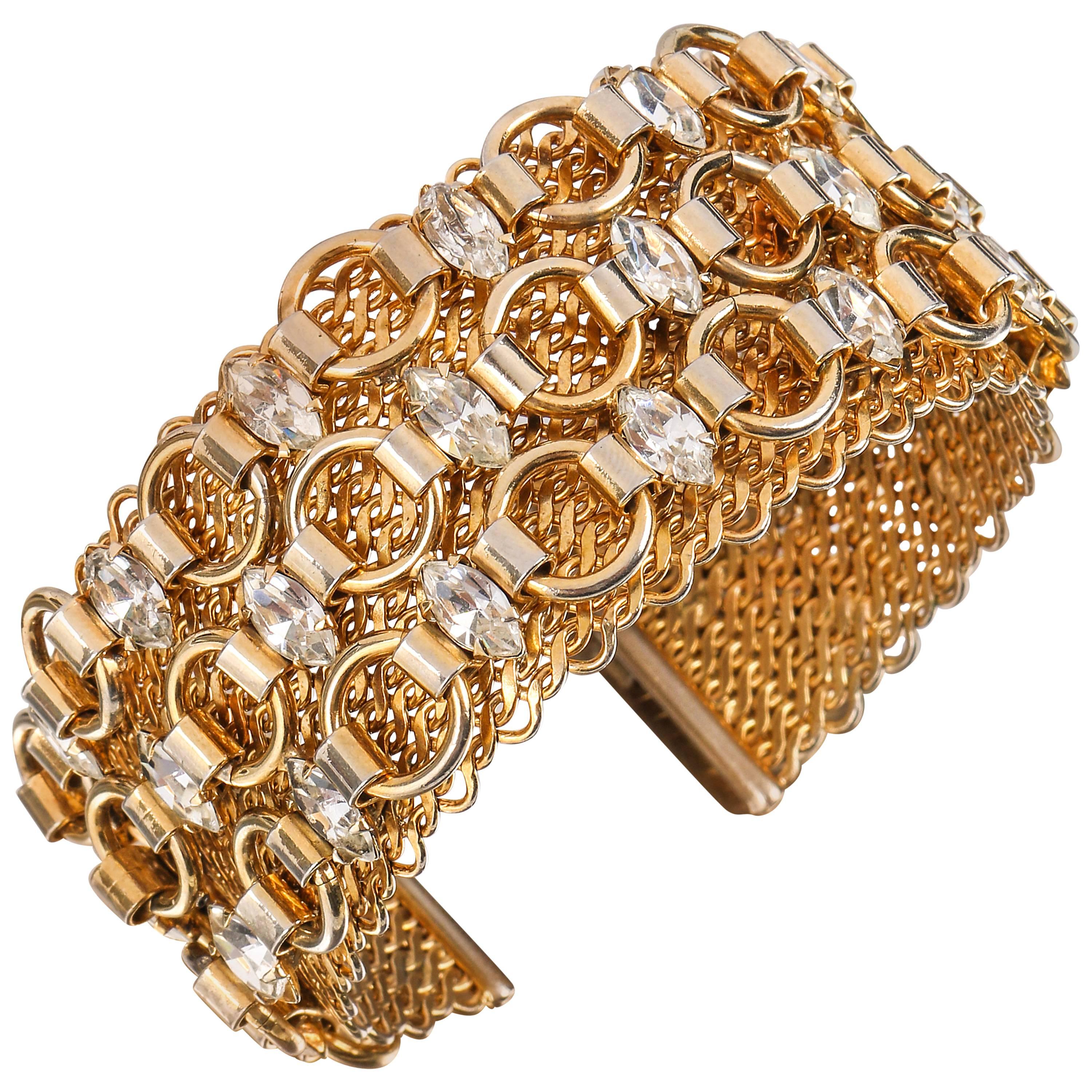 HATTIE CARNEGIE c.1960's Gold Marquise Crystal Rhinestone Wide Cuff Bracelet