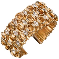 HATTIE CARNEGIE c.1960's Gold Marquise Crystal Rhinestone Wide Cuff Bracelet