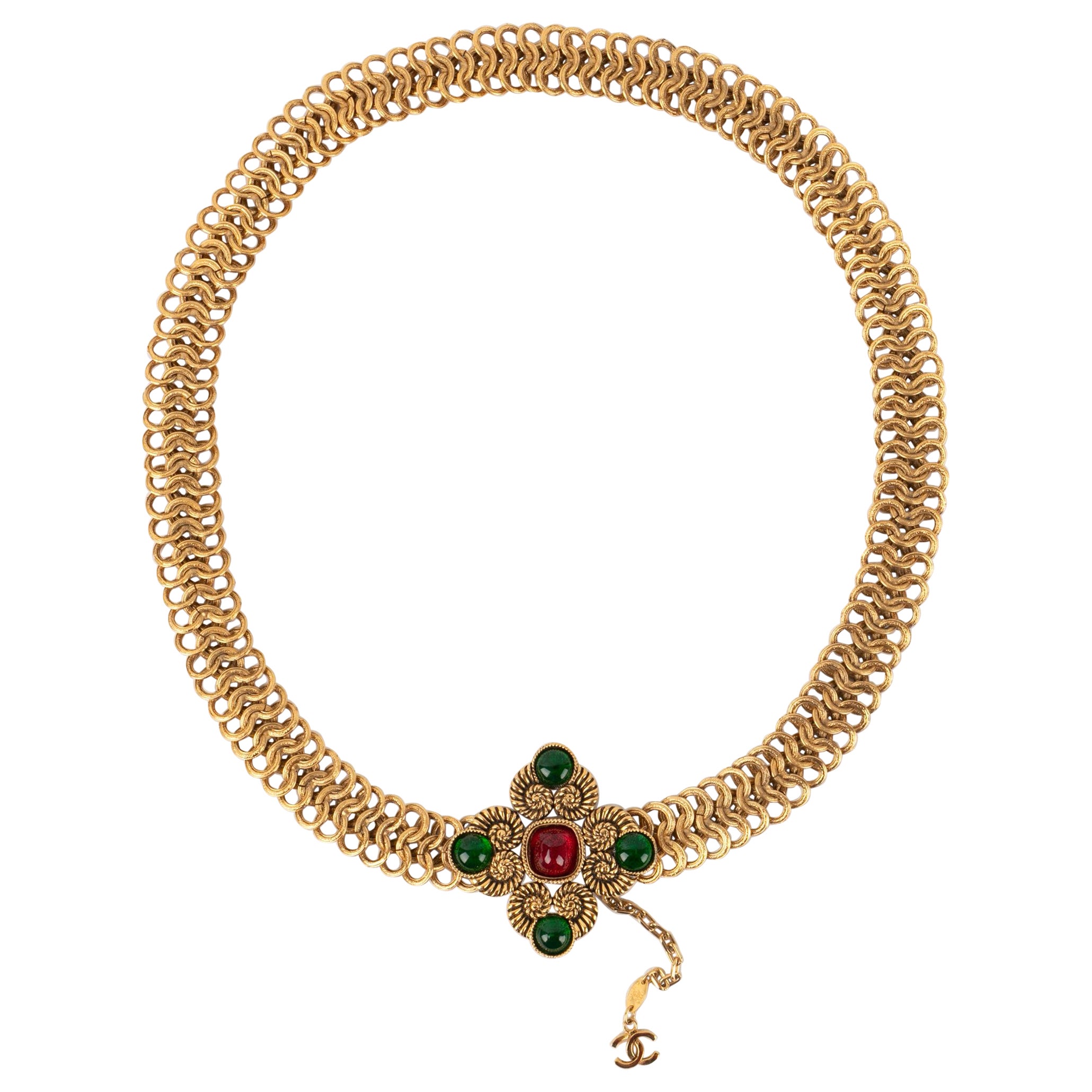 Chanel Golden Metal Belt with Green and Red Glass Paste, 1985