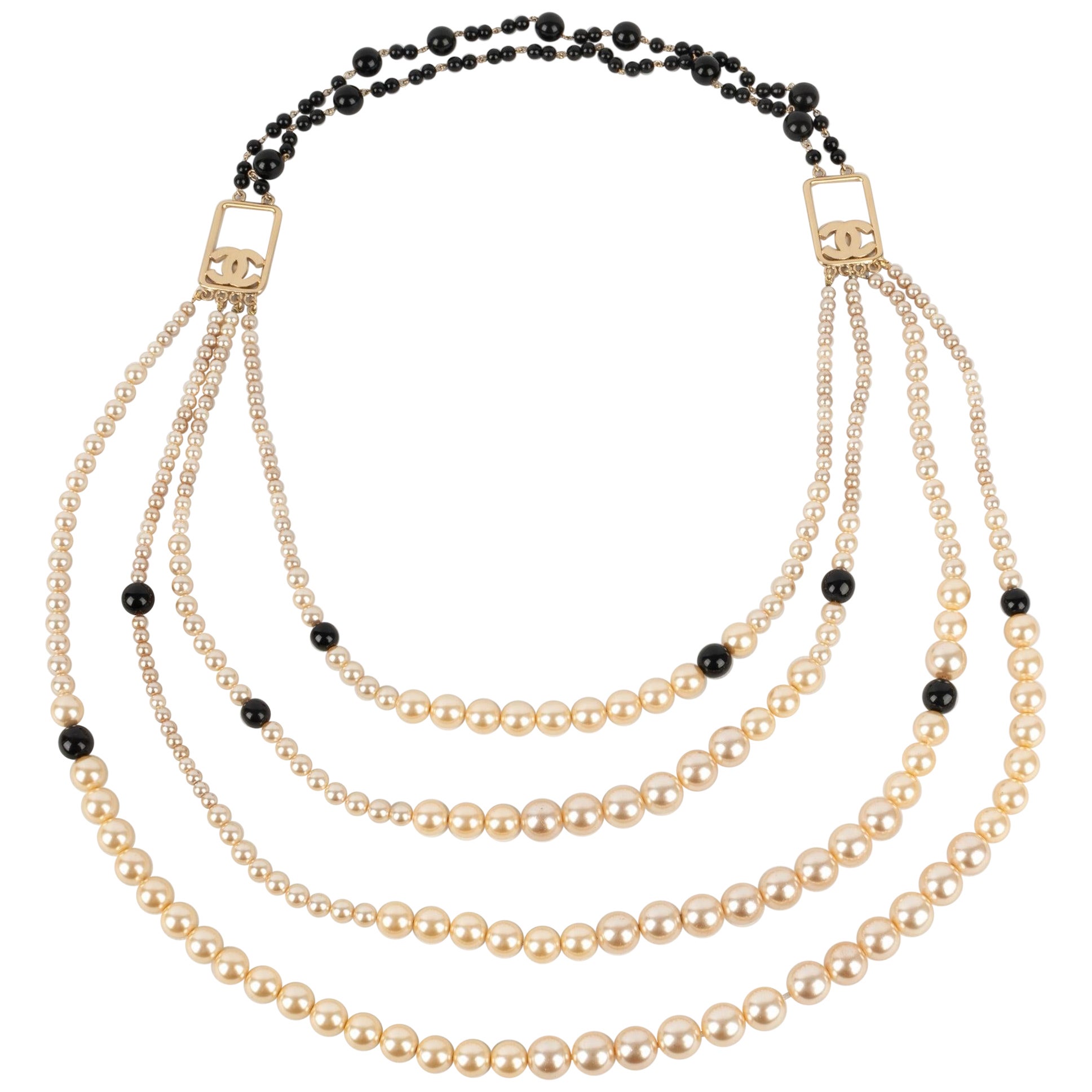 Chanel Long Necklace with Costume Pearls and Black Glass Pearls, 2003