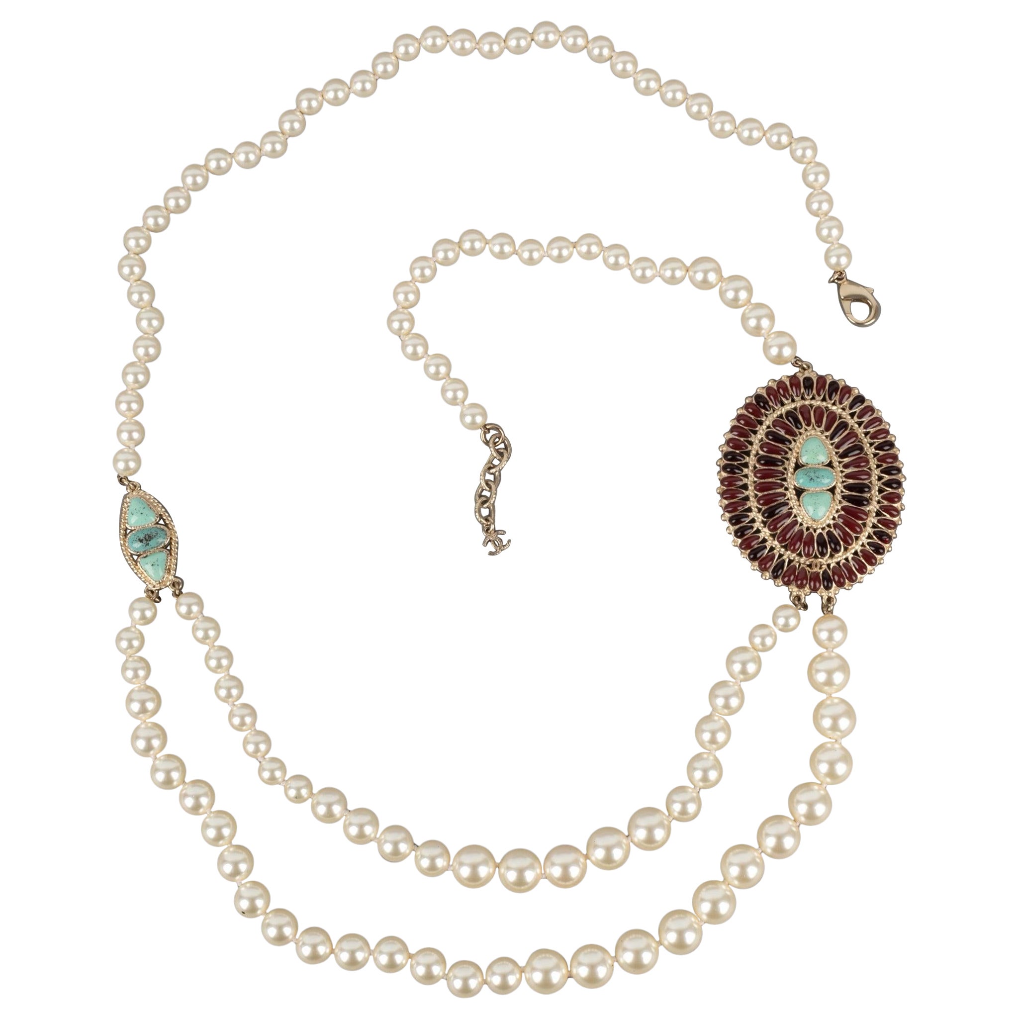 Chanel Long Necklace with Pearls and Blue and Burgundy Resin Medallions, 2014