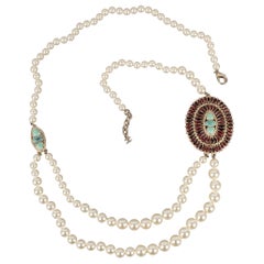 Chanel Long Necklace with Pearls and Blue and Burgundy Resin Medallions, 2014