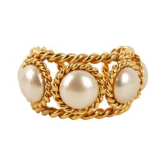 Chanel Cuff Bracelet in Golden Metal with Costume Pearly Cabochons, 1993