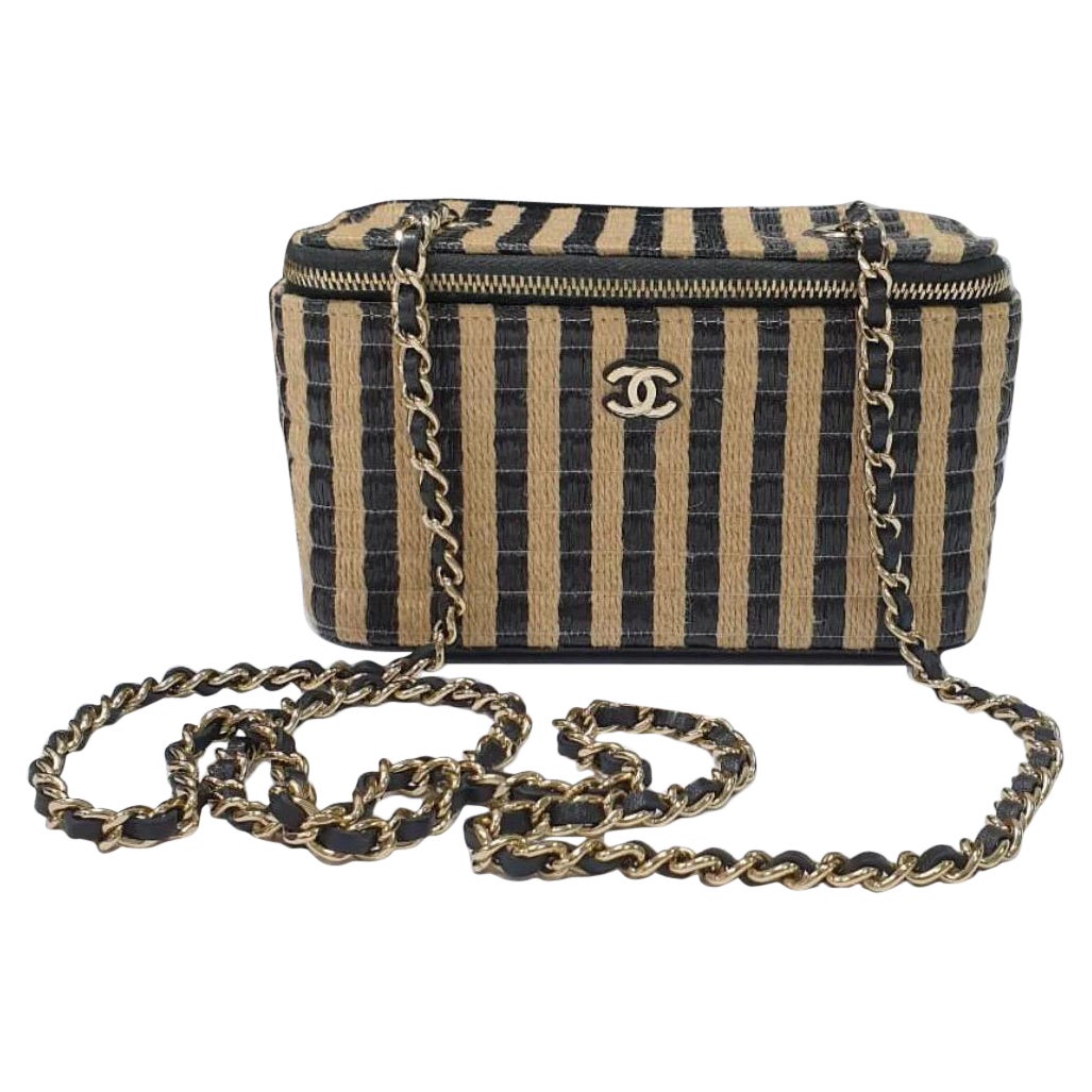 Chanel Vanity Chain Raffia Jute Thread Black Beige Bag For Sale