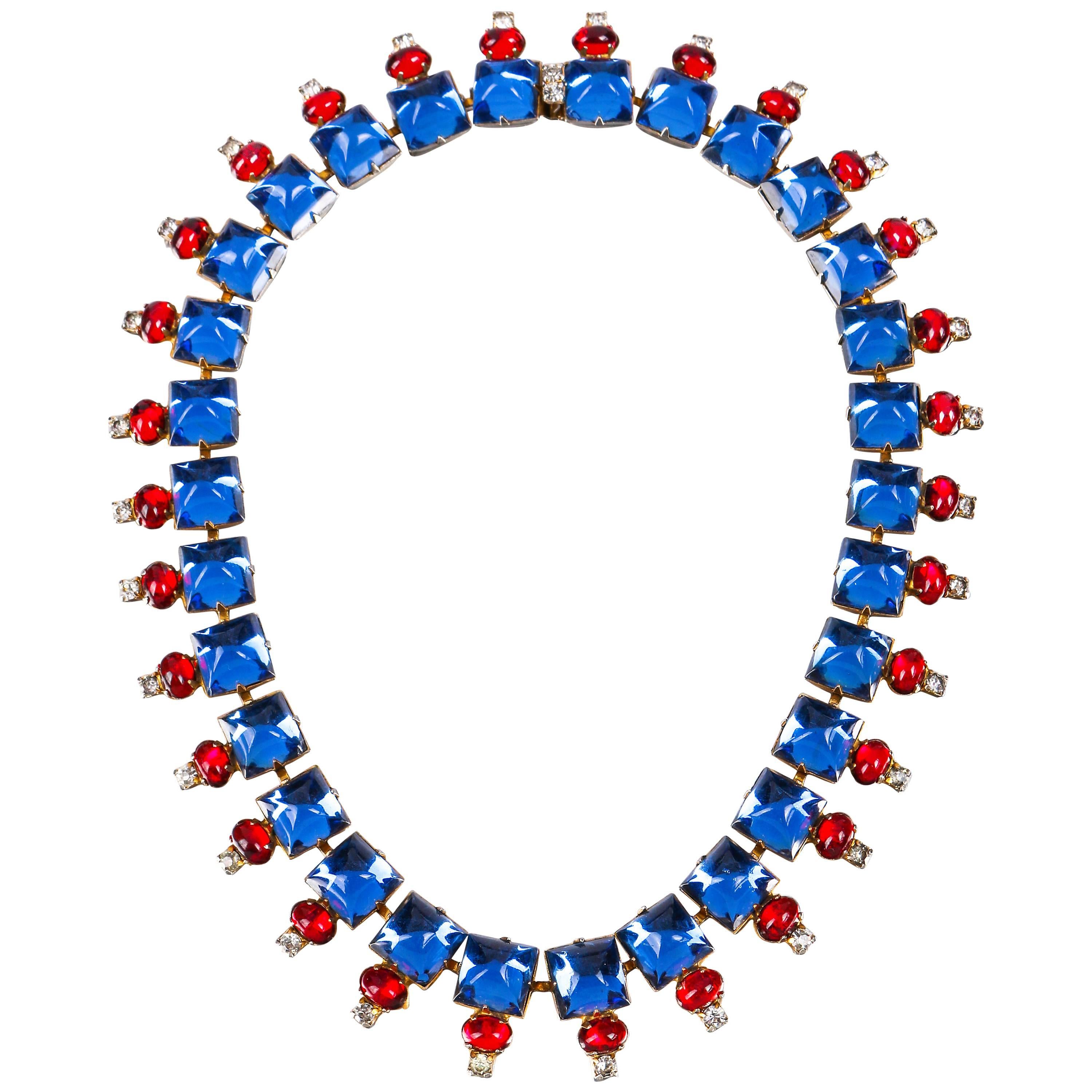 HATTIE CARNEGIE c.1960s Sapphire Blue Ruby Red Glass Crystal Rhinestone Necklace
