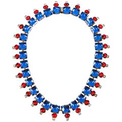 HATTIE CARNEGIE c.1960s Sapphire Blue Ruby Red Glass Crystal Rhinestone Necklace