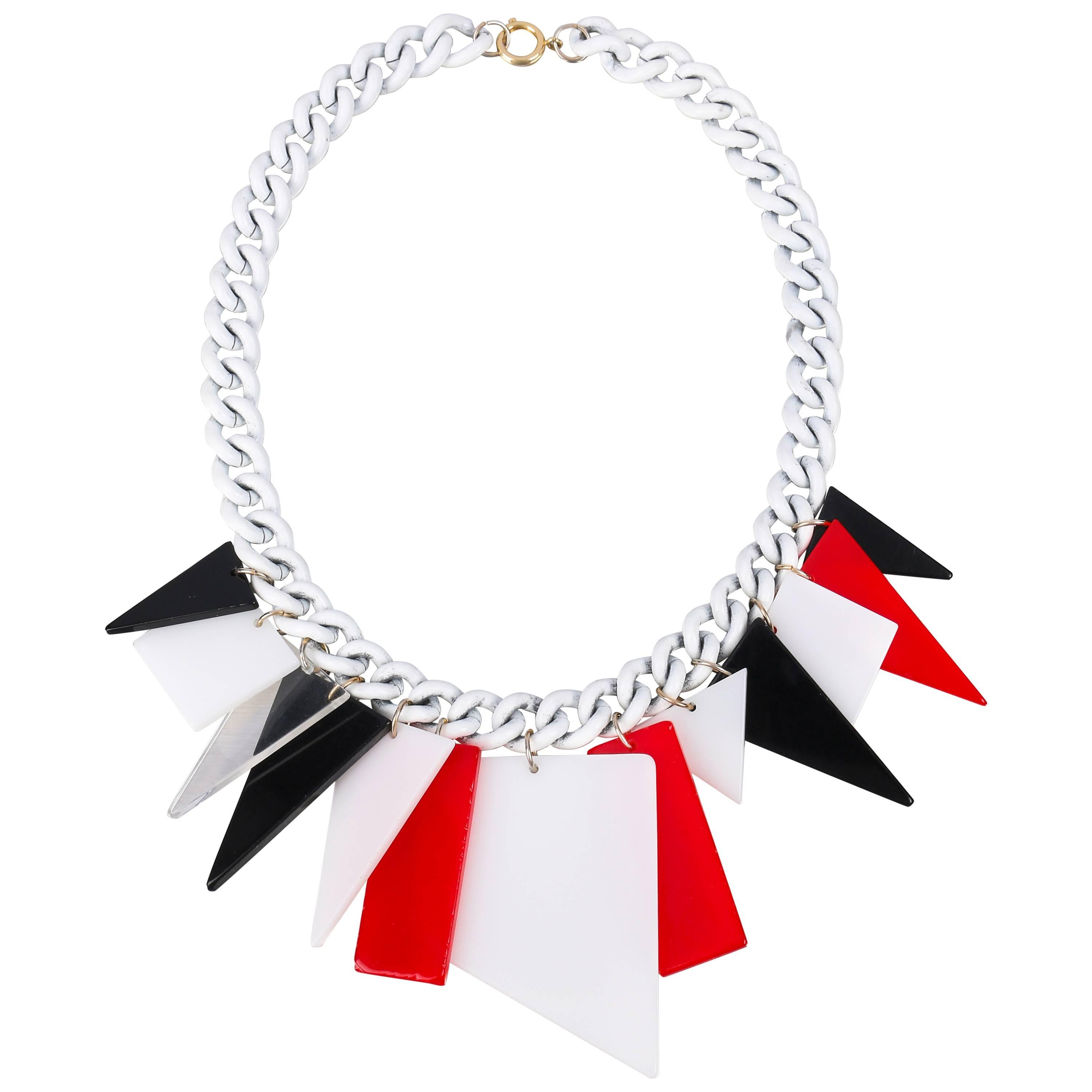 MOD c.1960s Red White Black Large Lucite Acrylic Geometric Enamel Chain Necklace