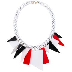 MOD c.1960s Red White Black Large Lucite Acrylic Geometric Enamel Chain Necklace