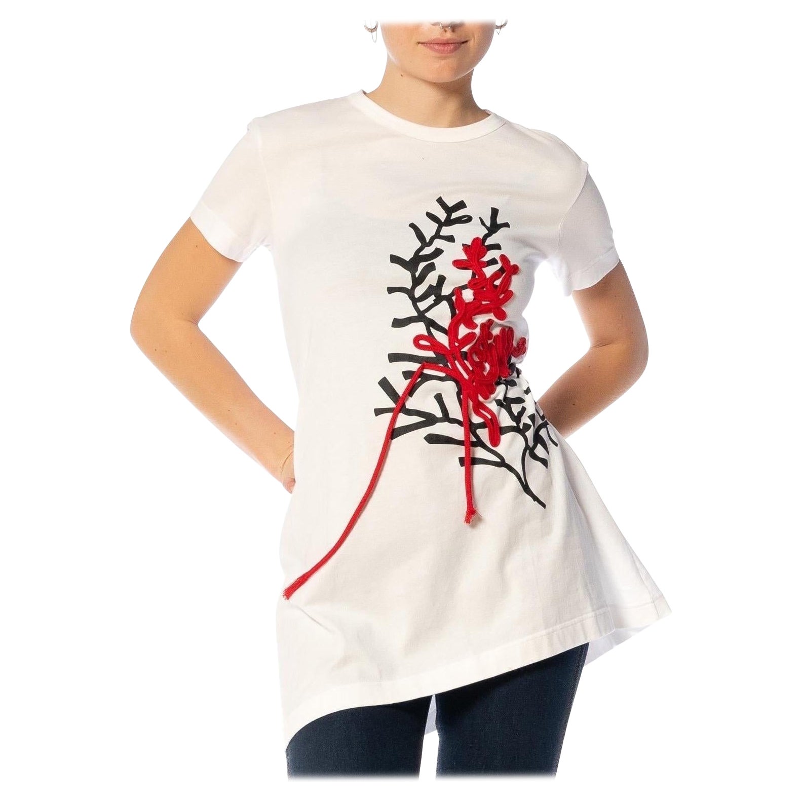 2000S Y’S YOHJI YAMAMOTO White Cotton & Acrylic Abstract Embroidered Print T-Sh For Sale