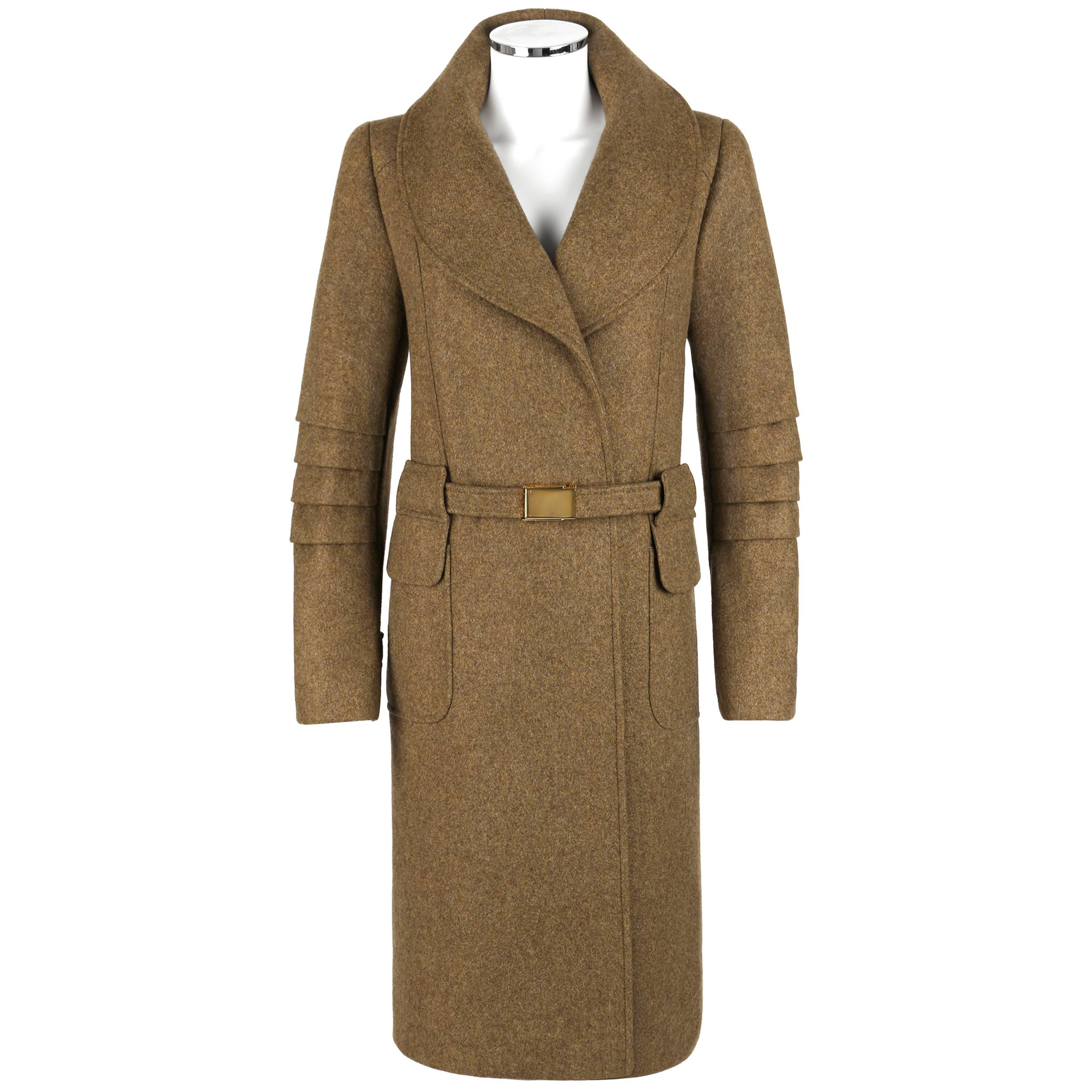 OSCAR DE LA RENTA A/W 2008 Light Brown Cashmere Buckle Belt Wrap Coat Size 12 For Sale