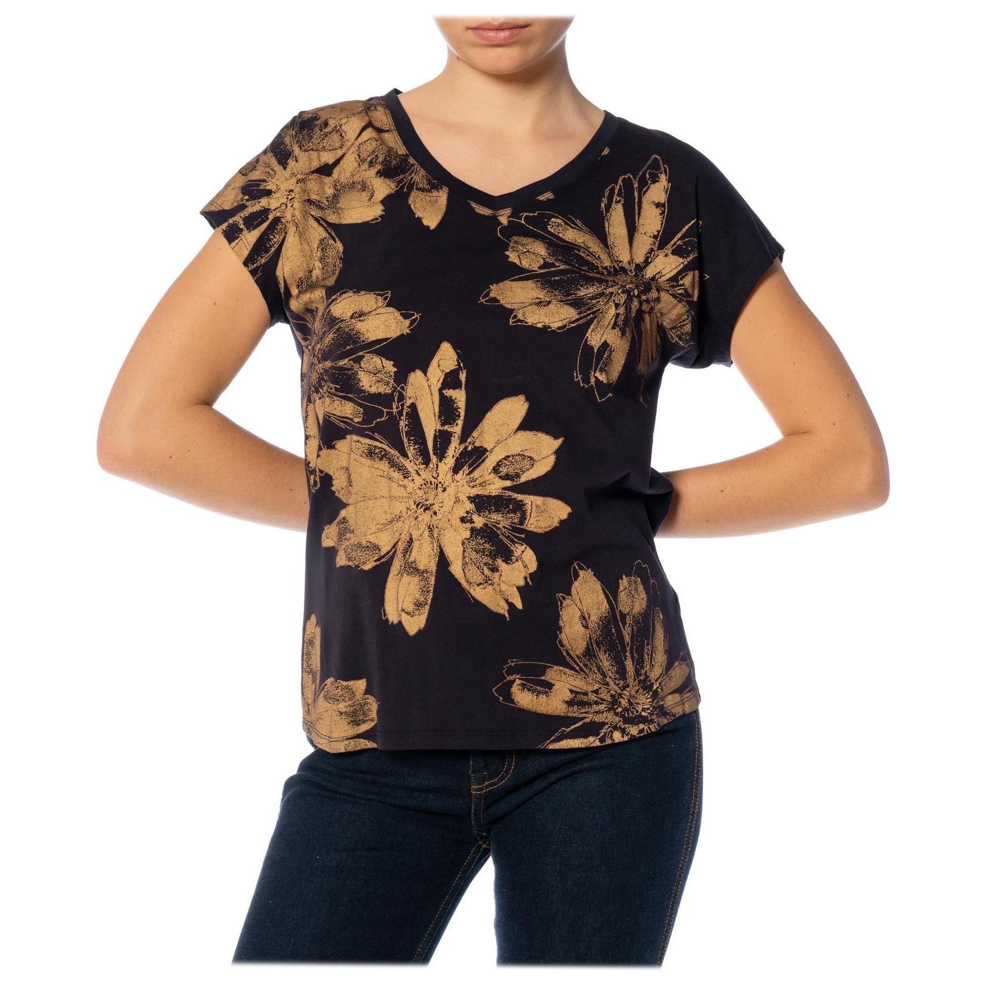 2000S DONNA KARAN Midnight Blue & Gold Floral Print Mini V-Neck T-Shirt For Sale