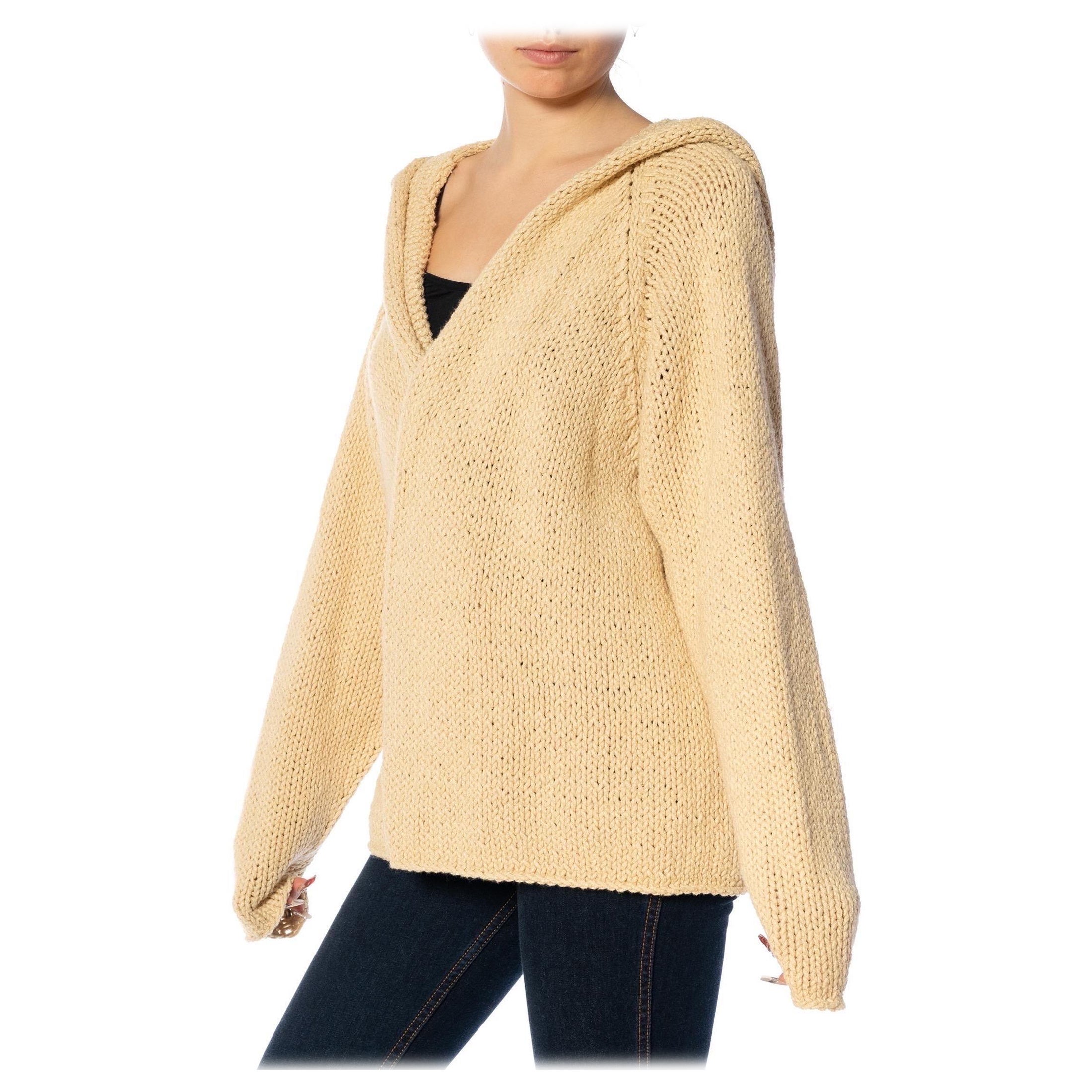 2000S DONNA KARAN Beige Cotton Knitted Cardigan With Hood For Sale