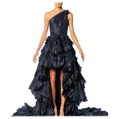 2000S Navy Blue Dramatic Silk Taffeta Trained Gown Covered In Pleated Ruffles