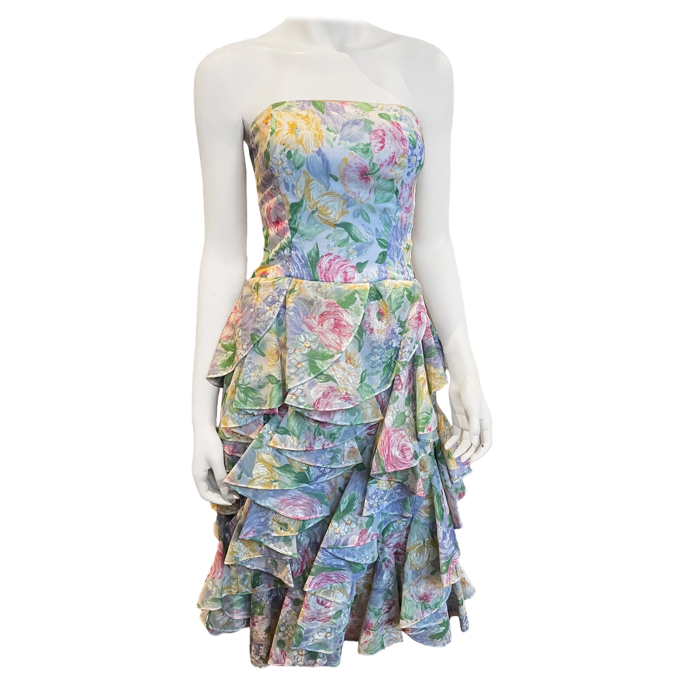 1980s Victor Costa Watercolor Floral Strapless Dress with Ruffled Skirt  For Sale