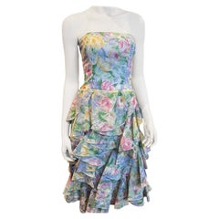 Vintage 1980s Victor Costa Watercolor Floral Strapless Dress with Ruffled Skirt 