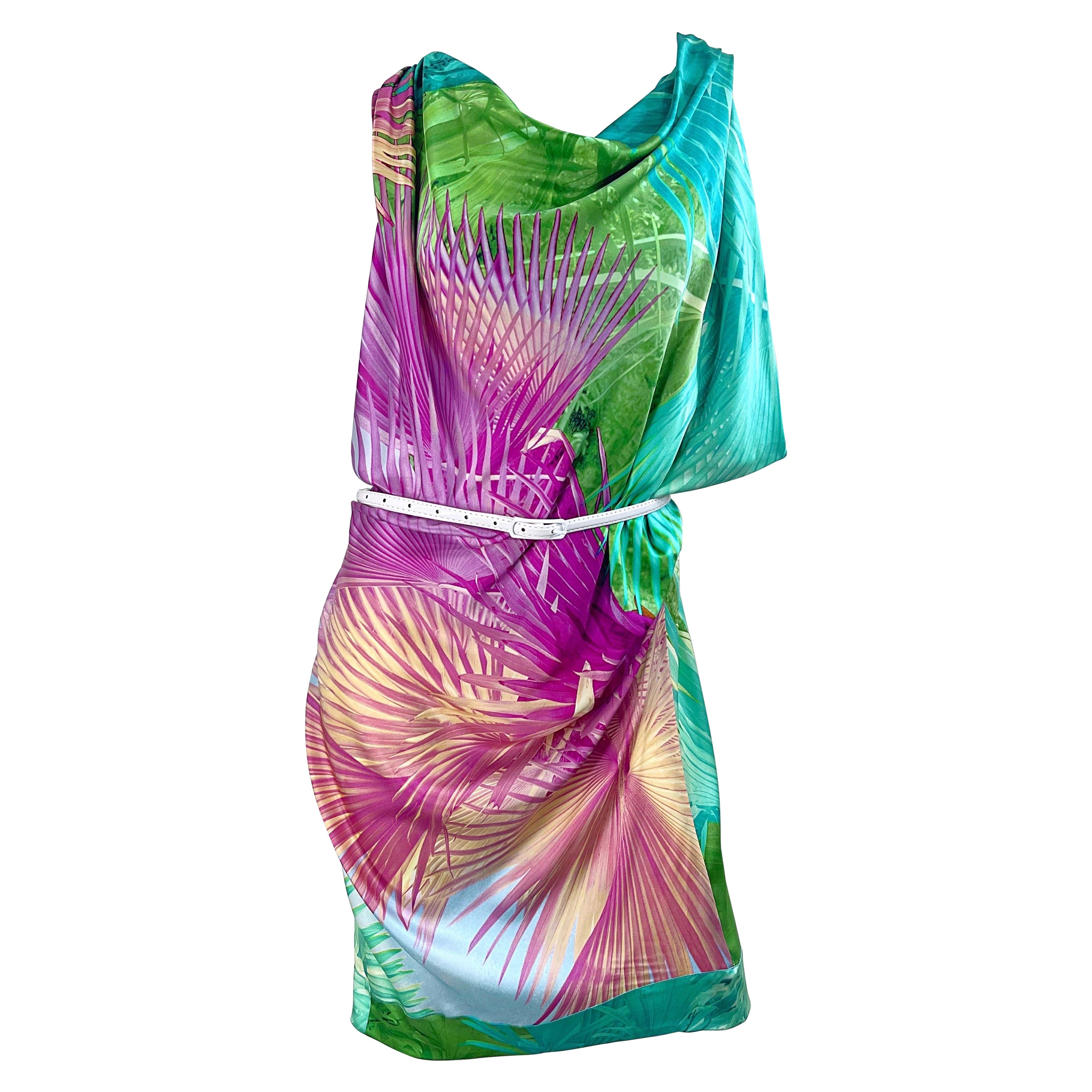 2000s Roberto Just Cavalli Size 42 / 10 - 12 Tropical Colorful Belted Silk Dress For Sale