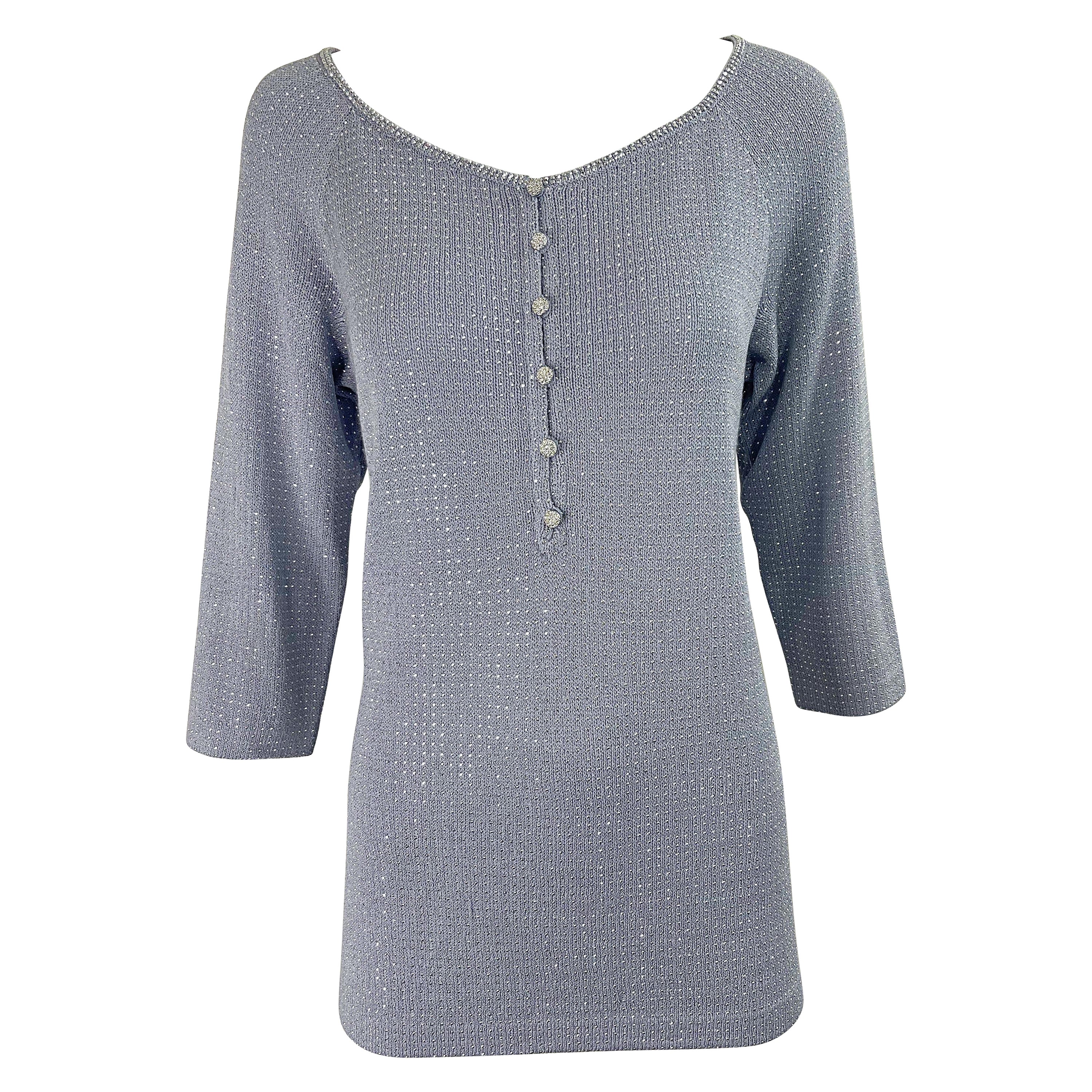 1990s St John Evening Grey Purple Rhinestone Studded 3/4 Sleeves Vintage Sweater For Sale