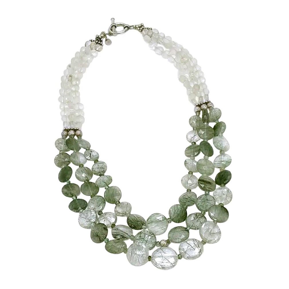 Green Tourmalinated Quartz Triple Strand Necklace For Sale