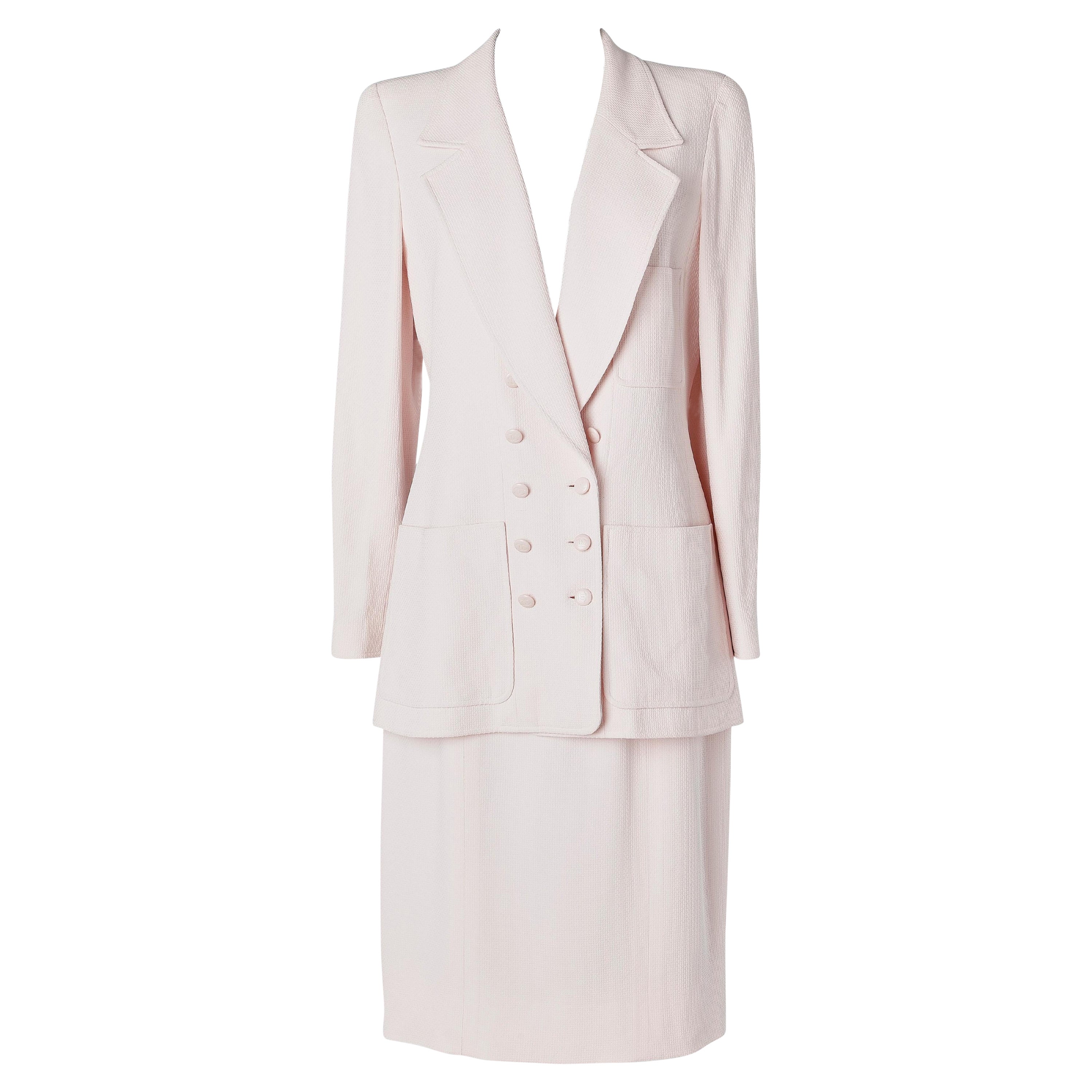 Pale pink double breasted skirt suit For Sale