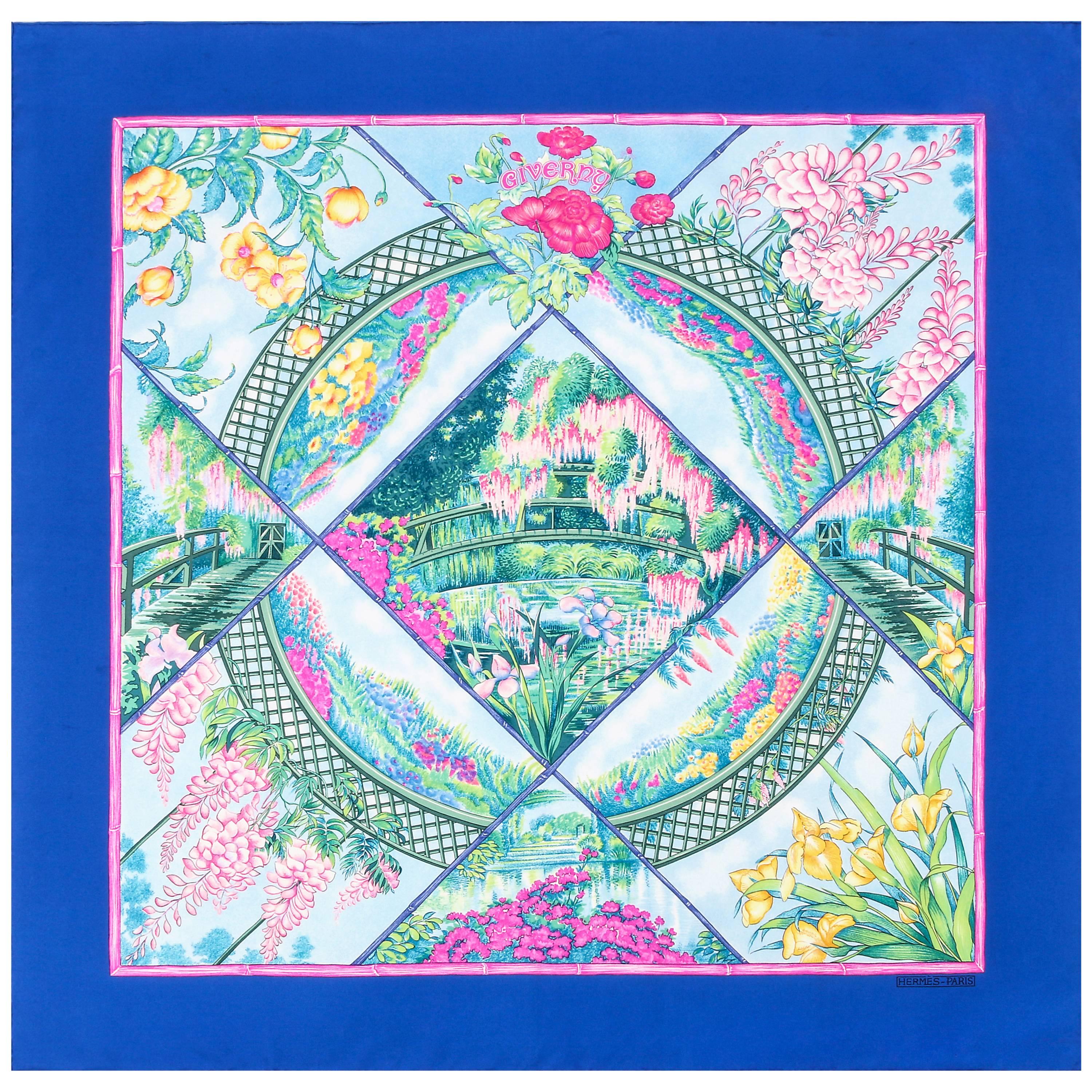HERMES c.1989 Lawrence Bourthoumieux "Giverny" Blue Floral Print 100% Silk Scarf
