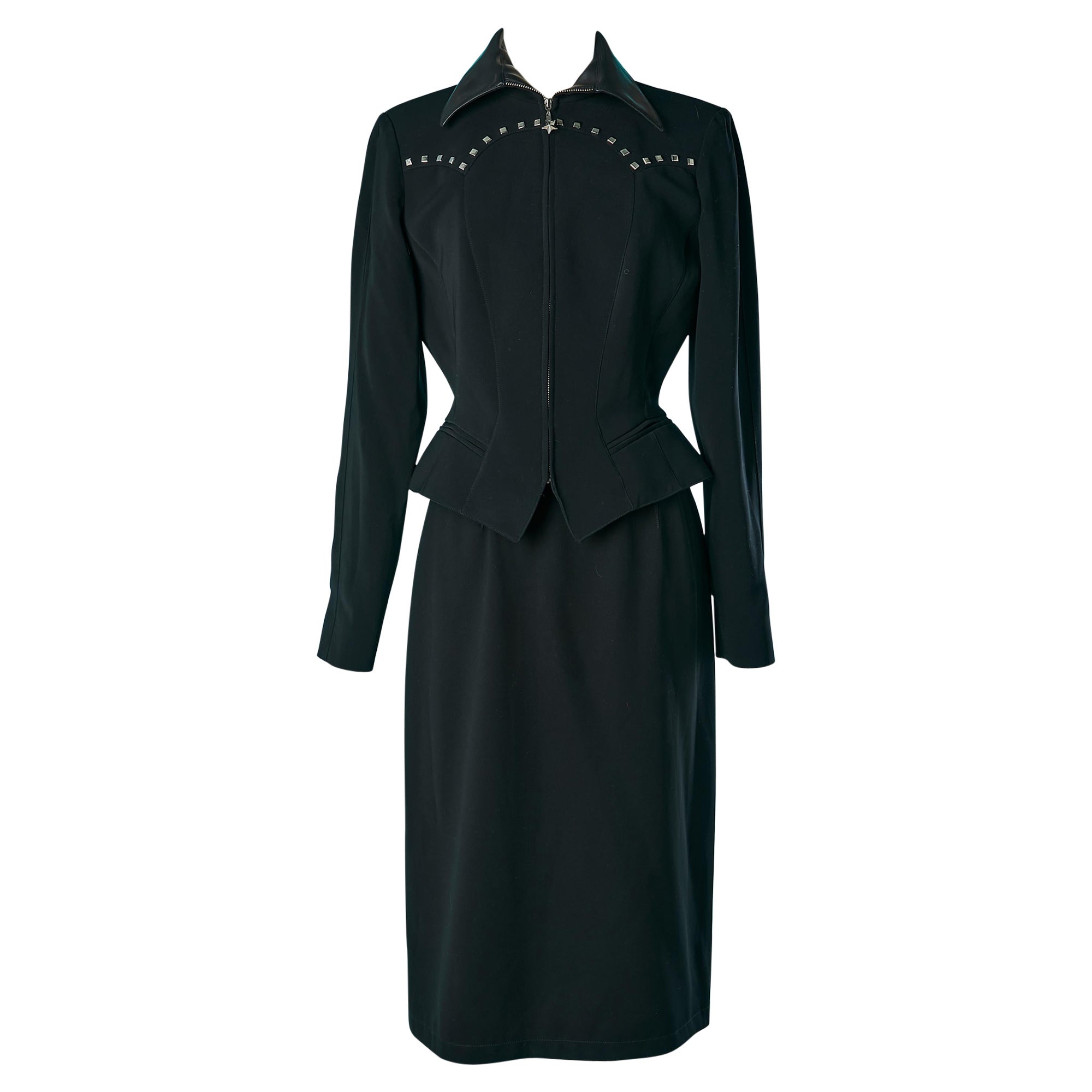 Black skirt suit with silver studs and black leather collar Mugler  For Sale