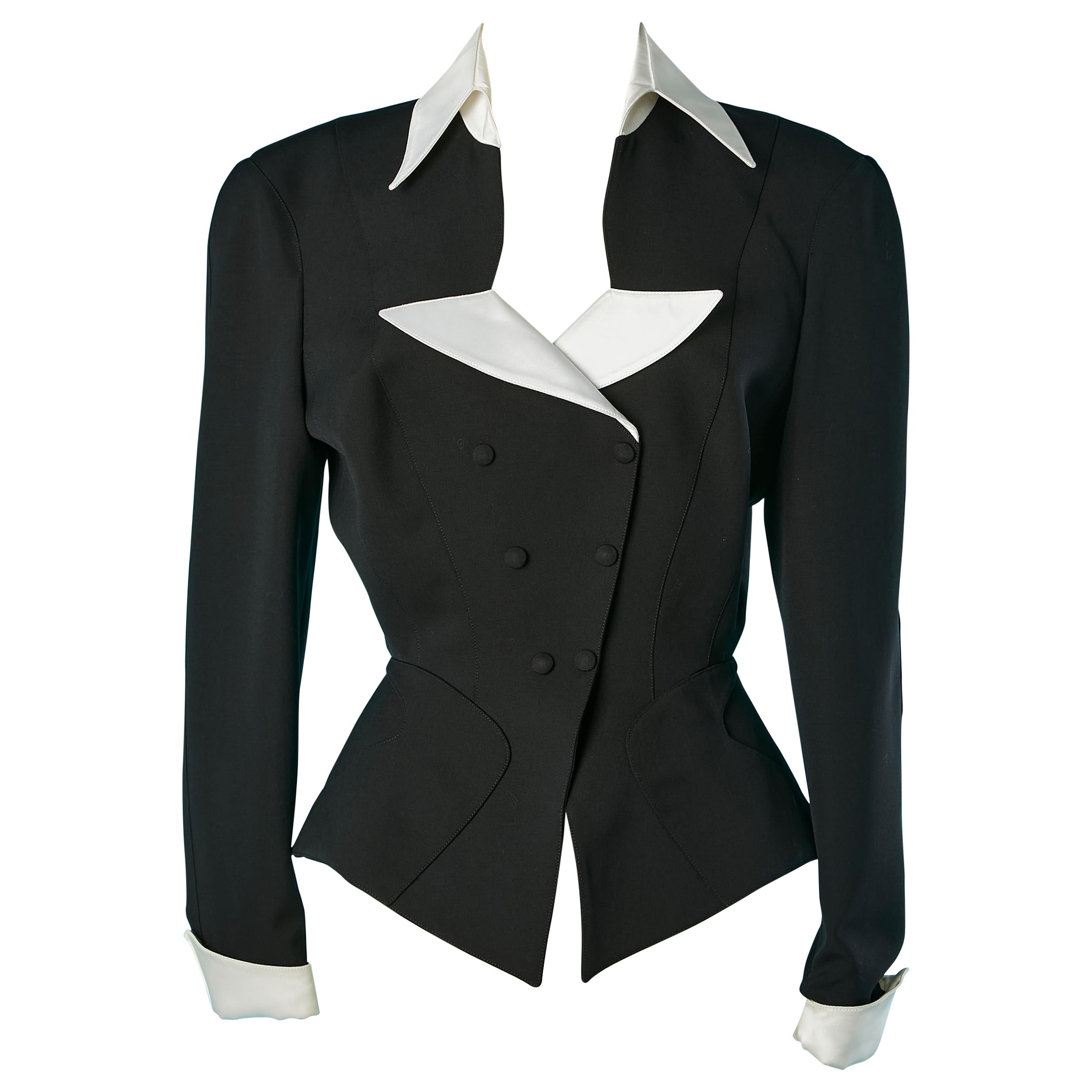 Black tuxedo double-breasted jacket with white satin collar Thierry Mugler  For Sale