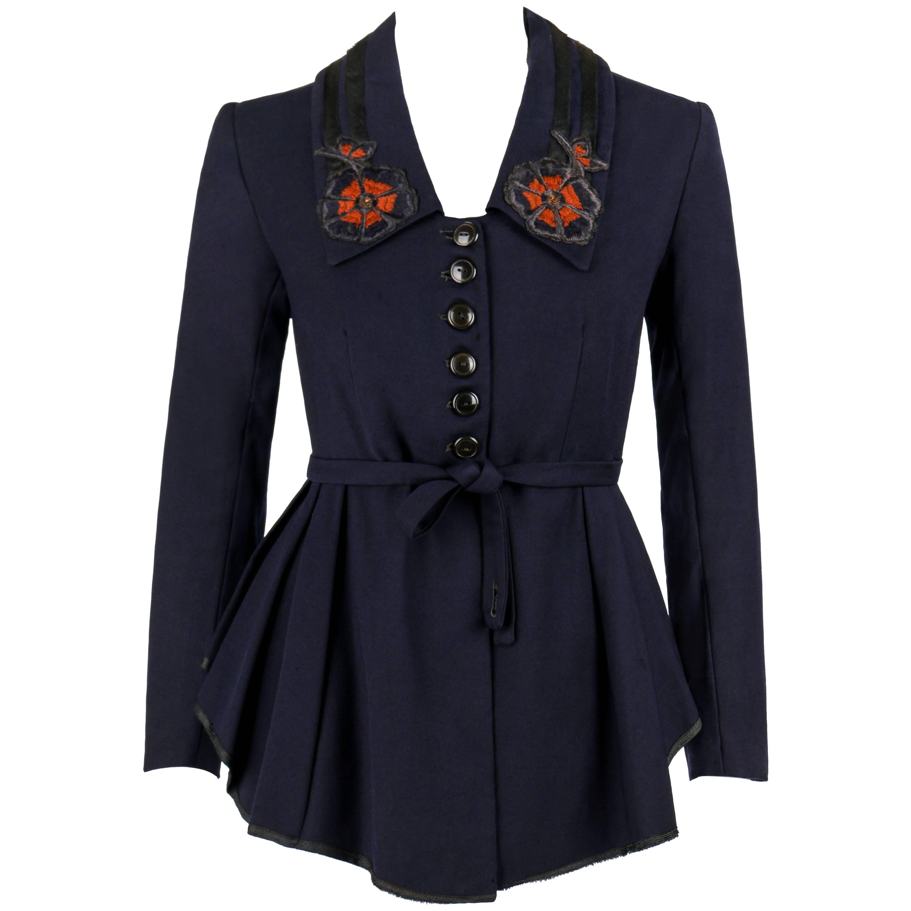 EDWARDIAN c.1910's WWI Navy Blue Wool Floral Embroidered Pleated Peplum Jacket
