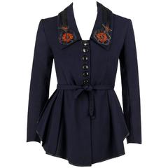 EDWARDIAN c.1910's WWI Navy Blue Wool Floral Embroidered Pleated Peplum Jacket 11