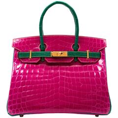 Hermes Two colour Rose Scheherazade Emerald Green Birkin 30 cm