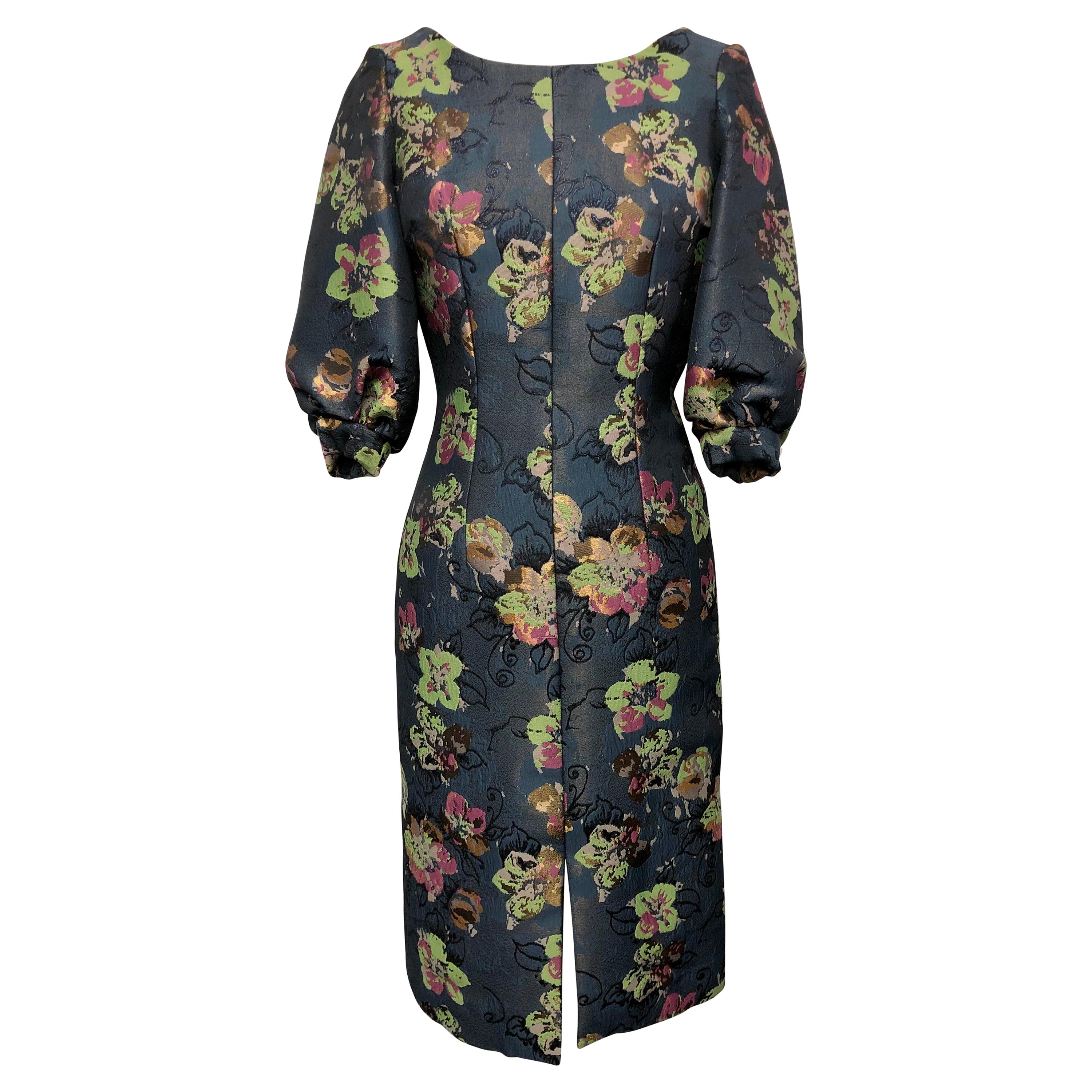 Jewel Neck Slim Dress, Full Sleeve, Front Slit  Abstract Floral French Jacquard For Sale
