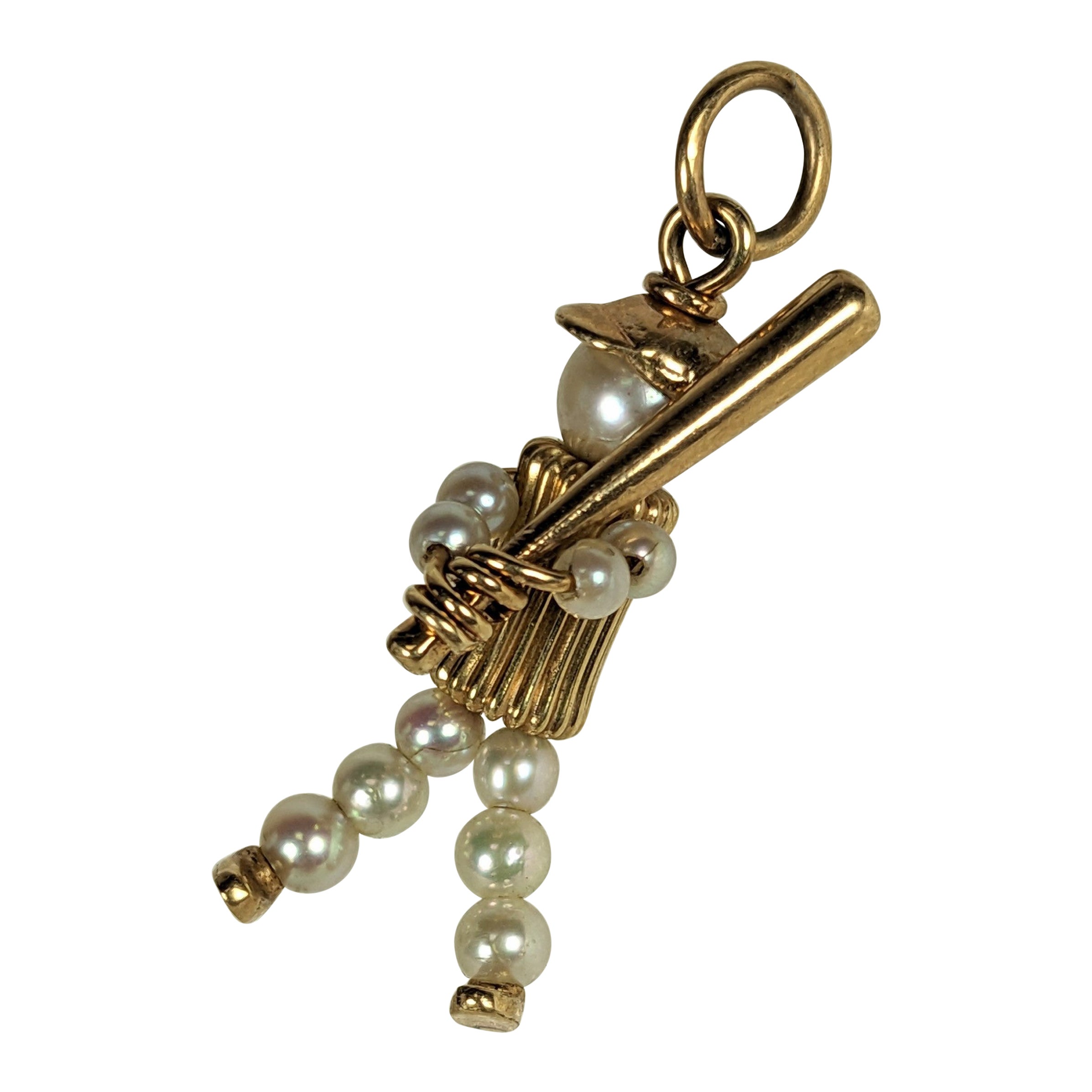 Charming Mid Century Gold and Pearl Baseball Charm For Sale