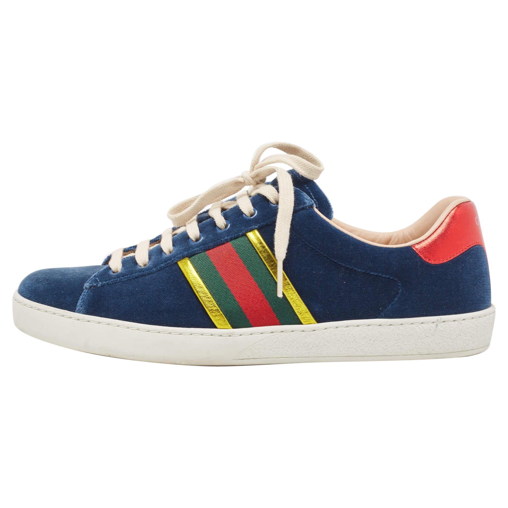 Gucci Blue Velvet And Foil Leather Web Detail Ace Sneakers Size 42.5 For Sale