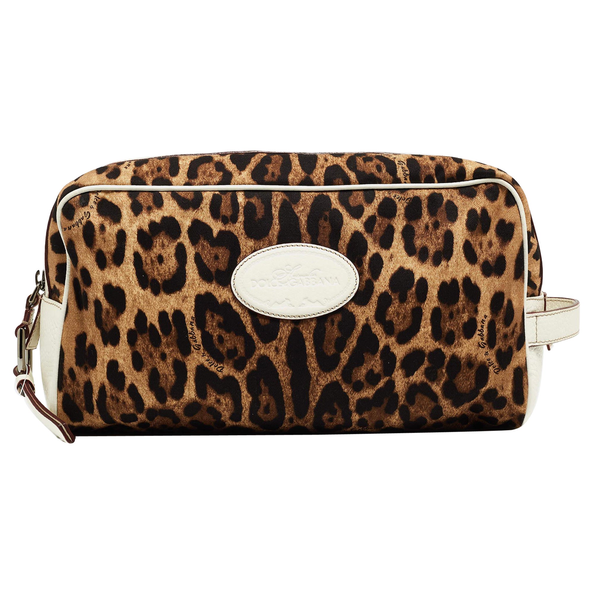 Dolce & Gabbana White/Brown Leopard Print Fabric and Leather Cosmetic Pouch For Sale
