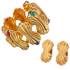 FENDI c.1980's Gold Statement Glass Cabochon Demi Parue Earring Bracelet Set