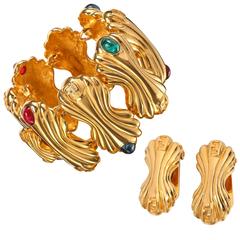 FENDI c.1980's Gold Statement Glass Cabochon Demi Parue Earring Bracelet Set 4