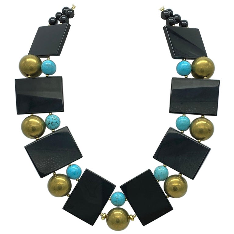 Egyptian Revival Onyx Slab w/Turquoise & Brass Necklace For Sale