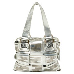 Fendi Silver Perforated Patent Leather Crossword Grande Bag