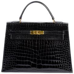 Hermes 32cm Shiny Black Crocodile Sellier Kelly Bag with Gold Hardware C 1950's