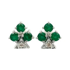 Genuine Emerald and Diamond Clubs Sign Stud Earrings 925 Sterling Silver