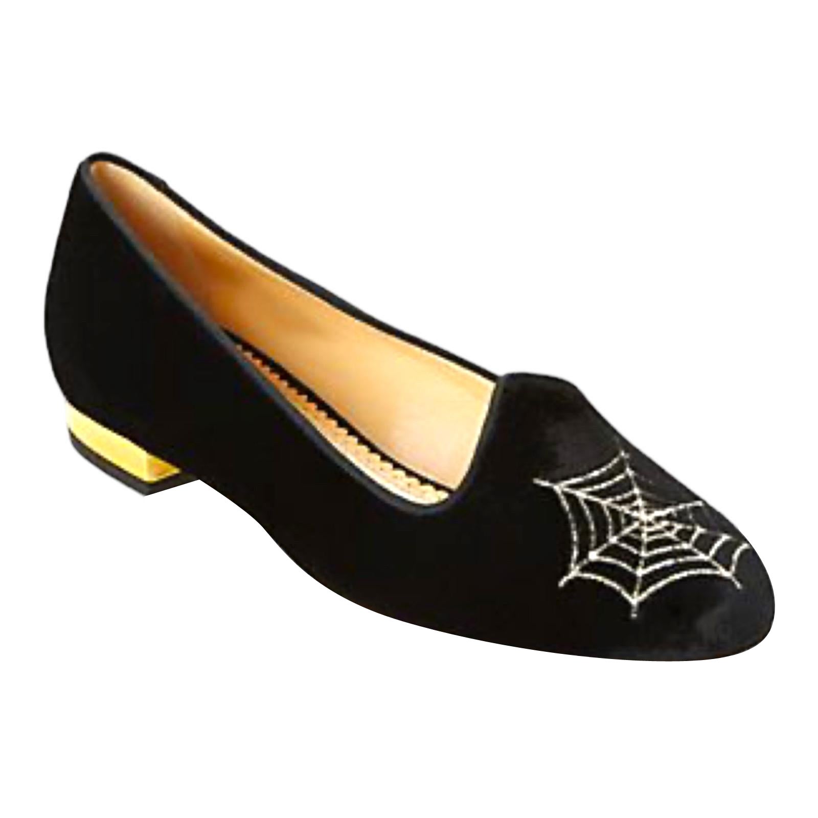 NEW Charlotte Olympia Black Velvet Spider Cobb Loafers Slippers 38 For Sale