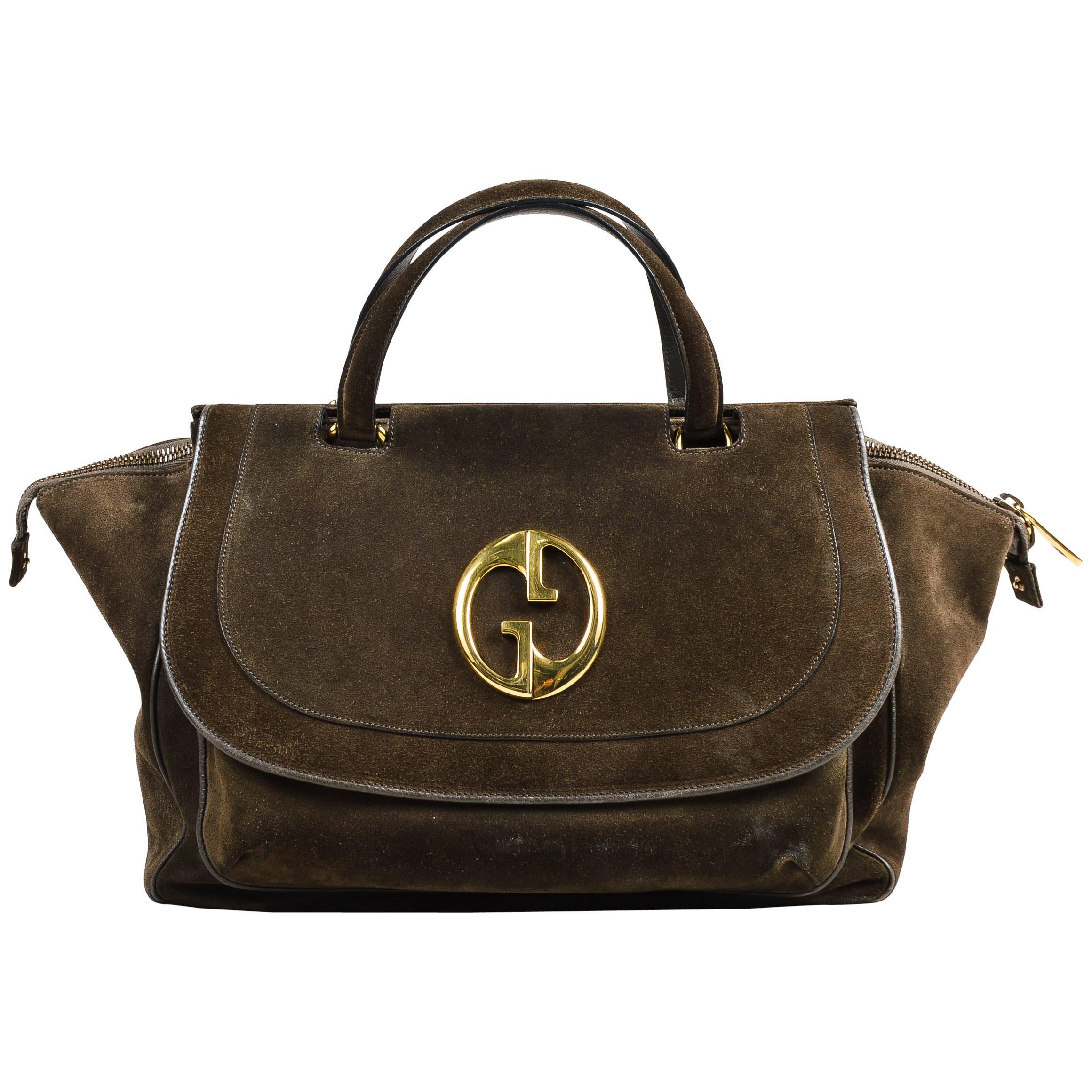 Vintage Gucci Olive Brown Suede Gold Tone Interlocking 'GG'  "1973"  Handle Bag For Sale