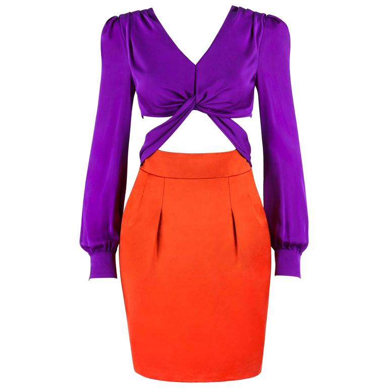 Gucci S 2017 Purple Orange Color Block Knotted Midriff Cutout Gucci S 2017 Purple Orange Color Block Knotted Midriff Cutout Tail Dress For