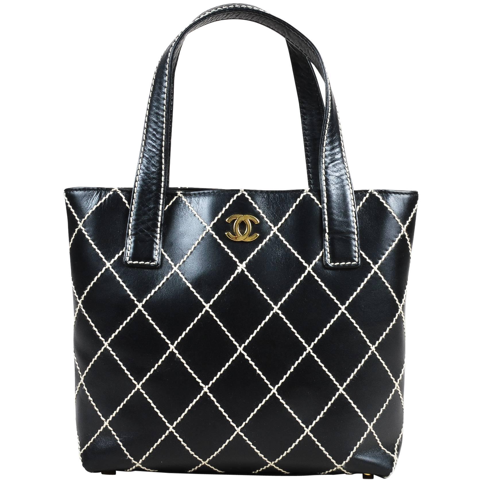 Chanel Black White Leather Gold Tone 'CC' Double Handle "Wild Stitch" Tote Bag For Sale