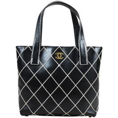 Chanel Black White Leather Gold Tone 'CC' Double Handle "Wild Stitch" Tote Bag