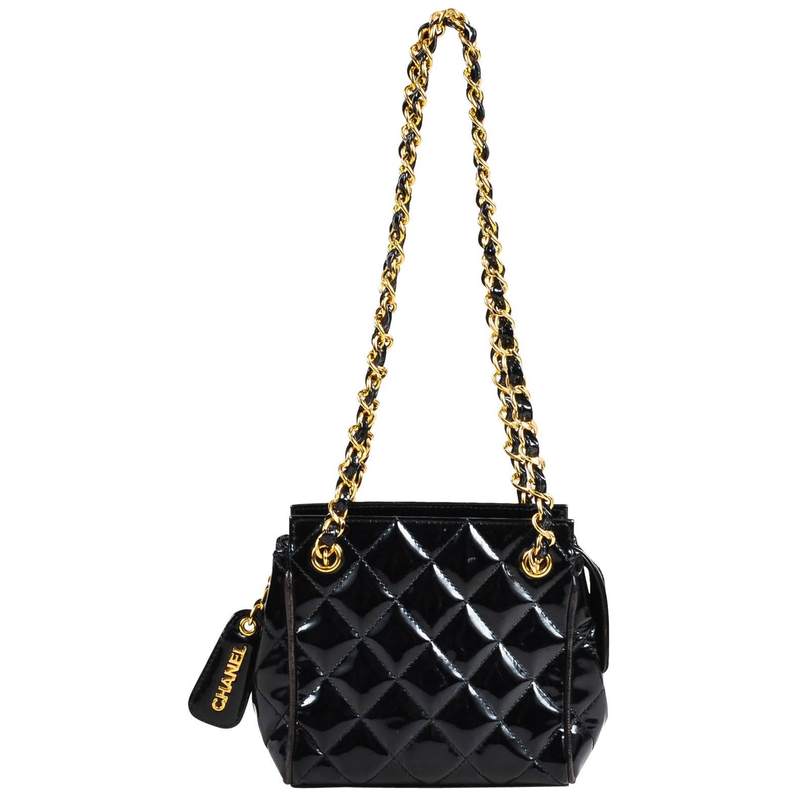 Vintage Chanel Black Patent Leather Quilted Gold Tone Chain Strap Shoulder Bag For Sale