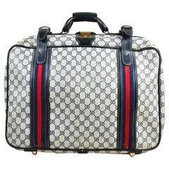 Vintage Gucci Gray Monogram Coated Canvas Black Leather Striped Suitcase