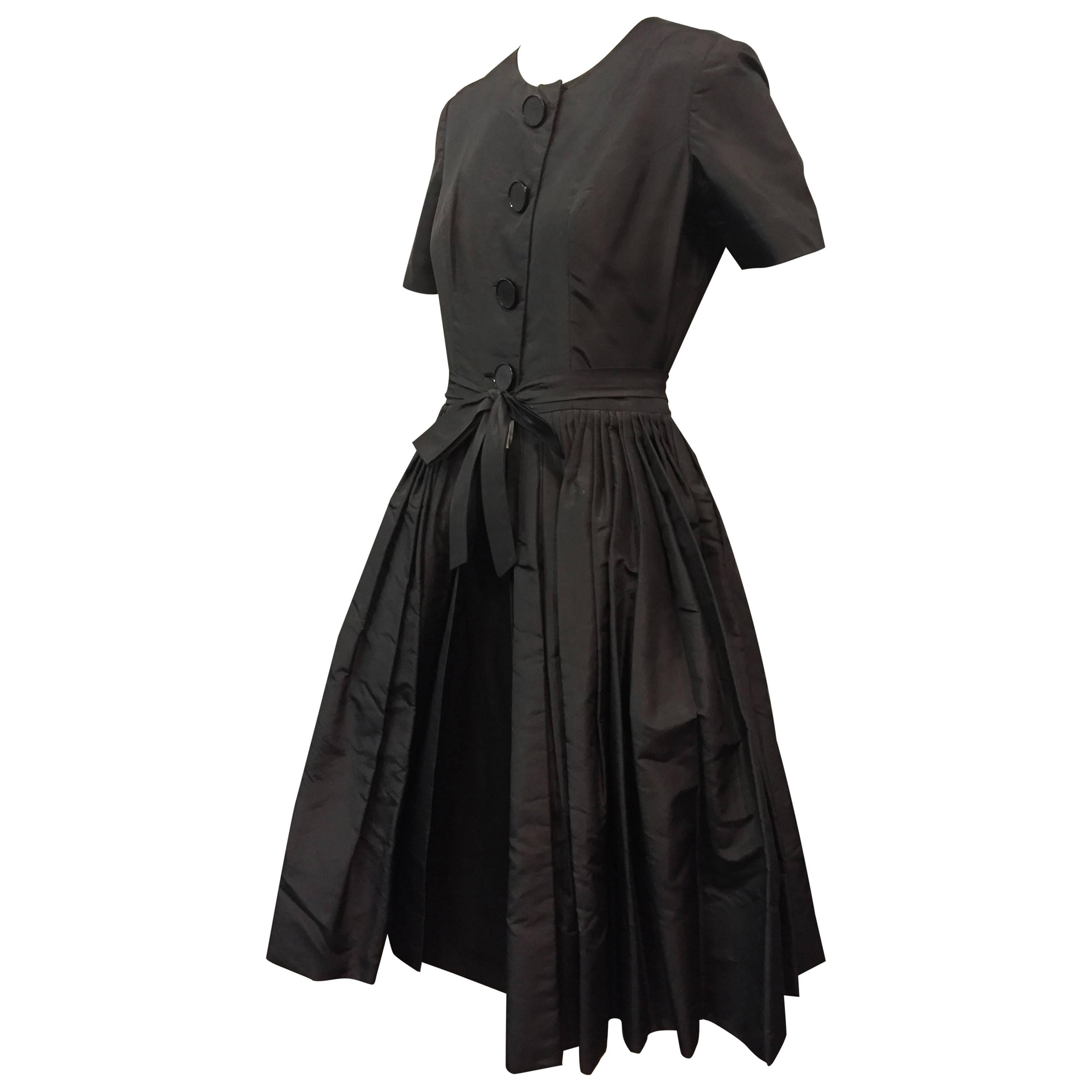 1950s Gustave Tassell Black Silk Cocktail Dress w Exposed Under-Skirt and Bow