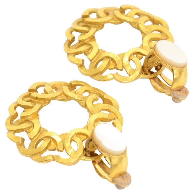 Vintage Chanel Gold Tone CC Logo Large Dangling Earrings