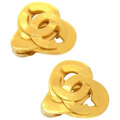 Retro Chanel Gold Tone CC Logo Heart Shaped Earrings