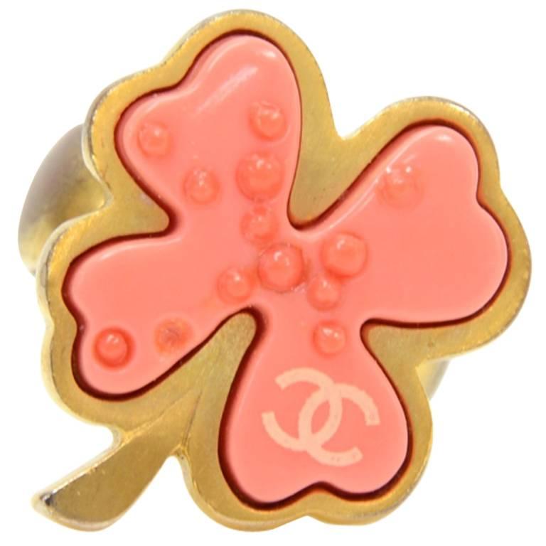 Chanel Pink Camellia Gold Tone Ring For Sale